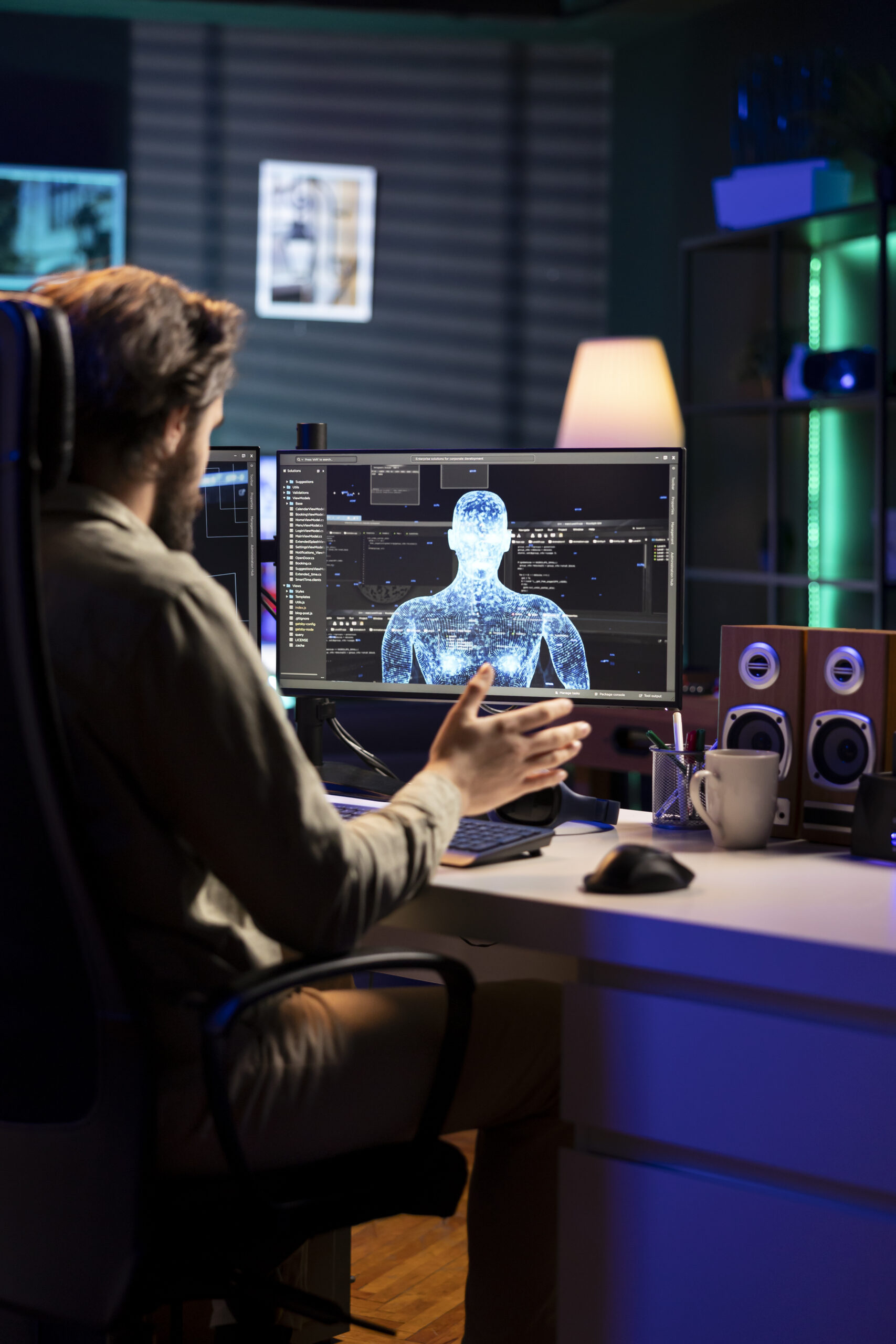 it freelancer using computer to chat with ai robot in humanoid form, sf concept